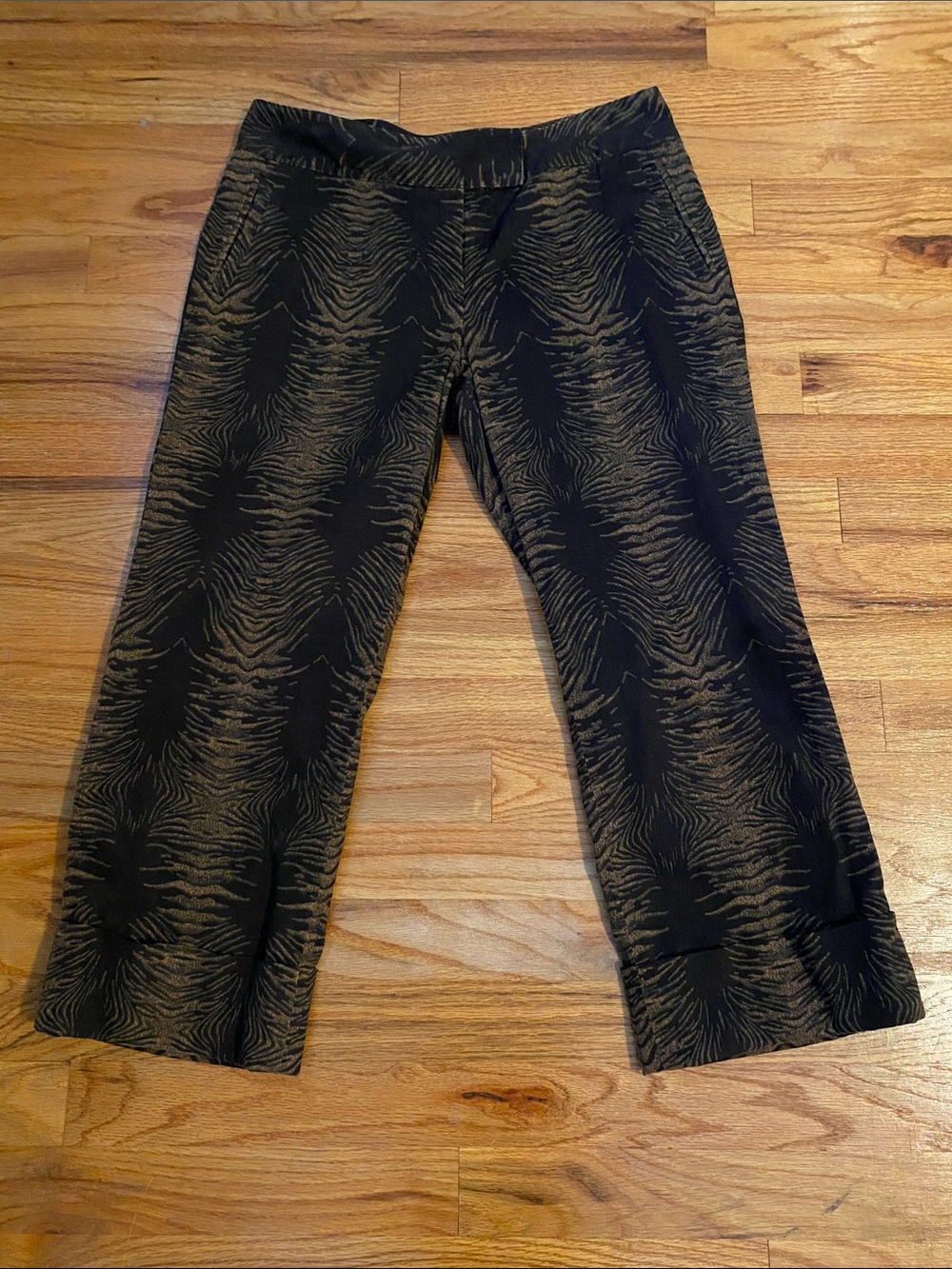 Etcetera Black Pants with Brown Zebra print. Flare crop